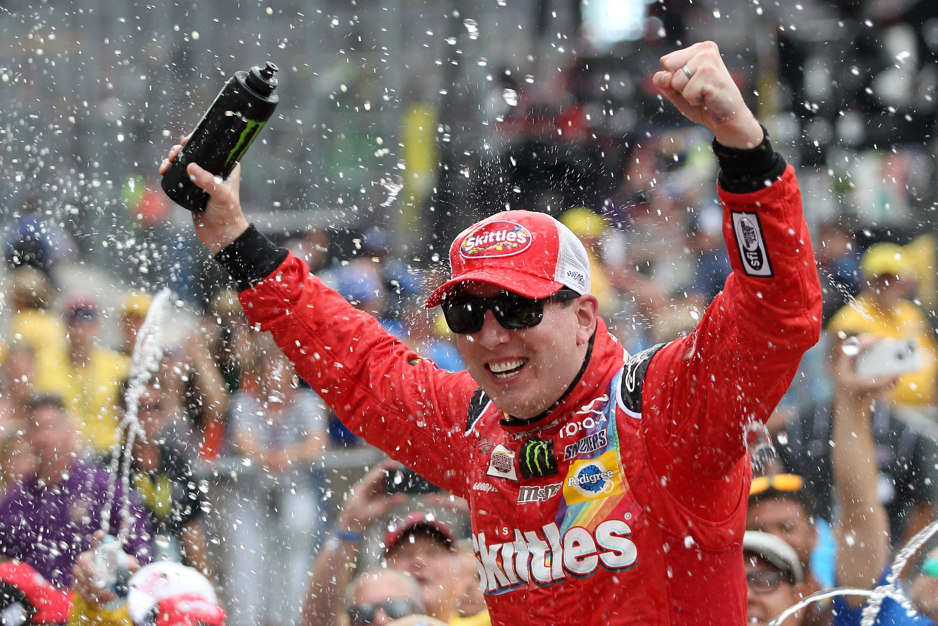 Kyle Busch celebrates at the Brickyard, 2015.