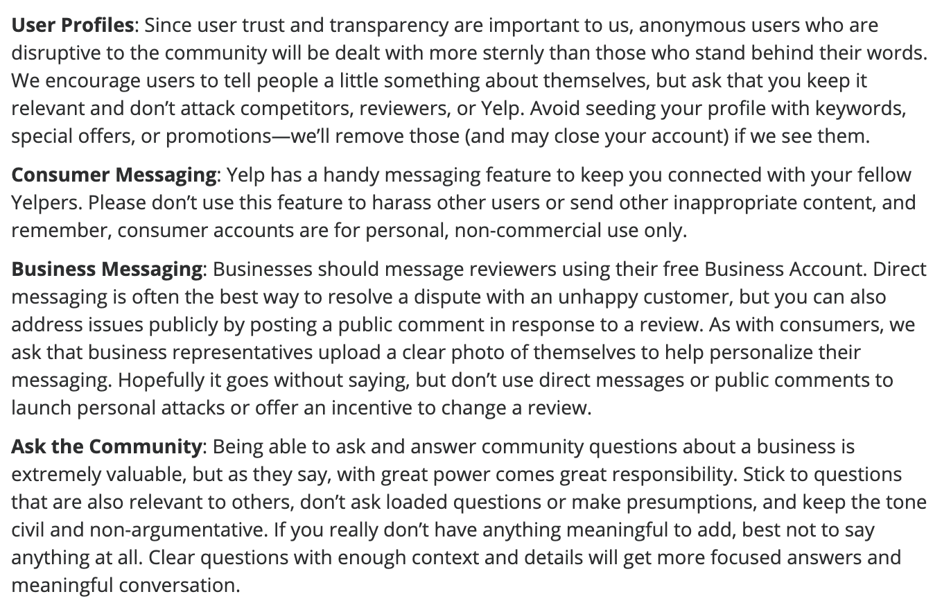 Yelp’s posting rules for businesses contacting reviewers, in public or in private: no personal attacks and no incentive to change a review.