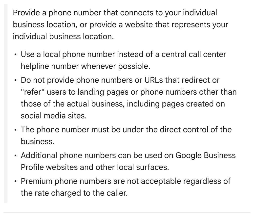 Google’s “Website & phone” rules, from its guidelines for representing a business.