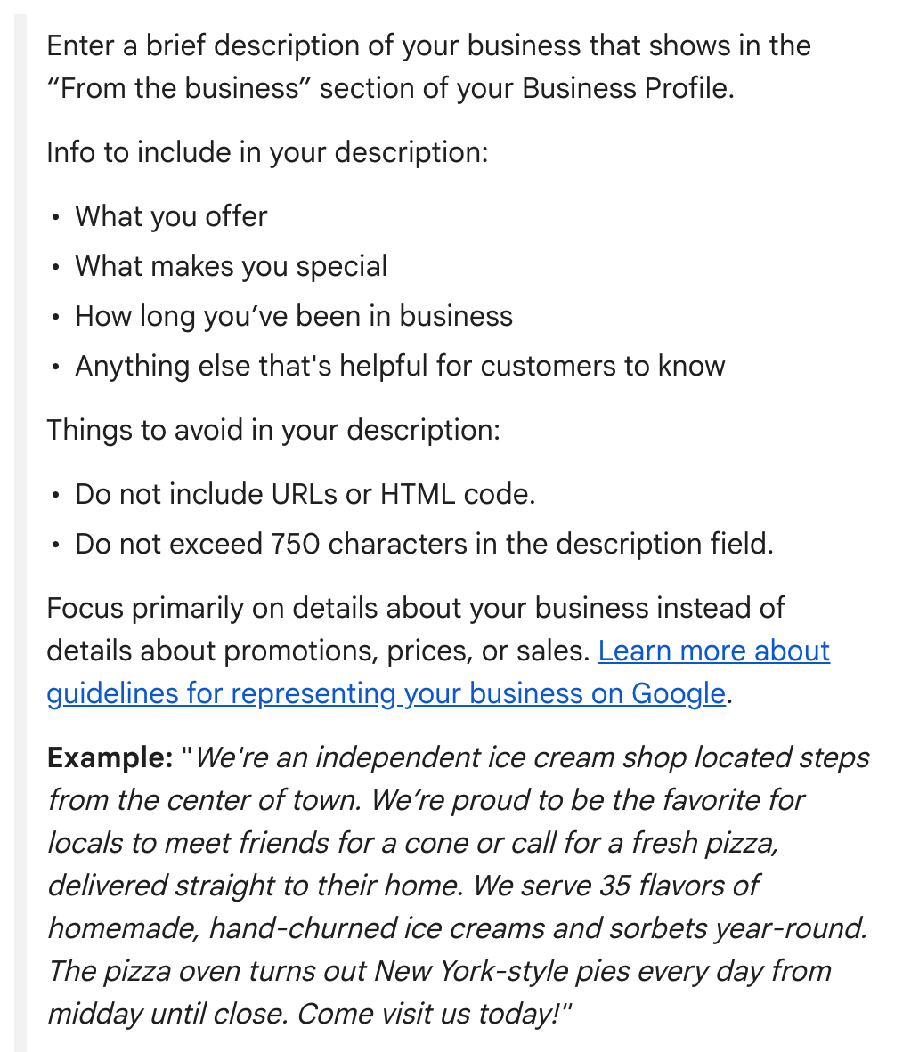 Google’s instructions for the business description, with its own example.