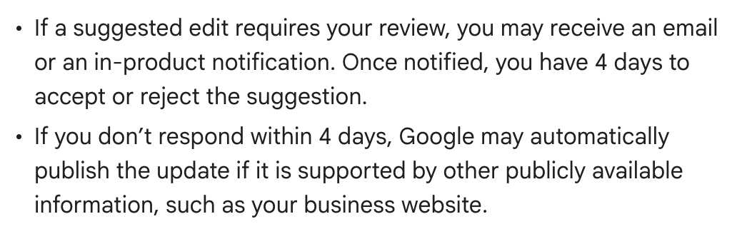 Google’s two rules on suggested edits. The second names your business website as information it may use to publish one.