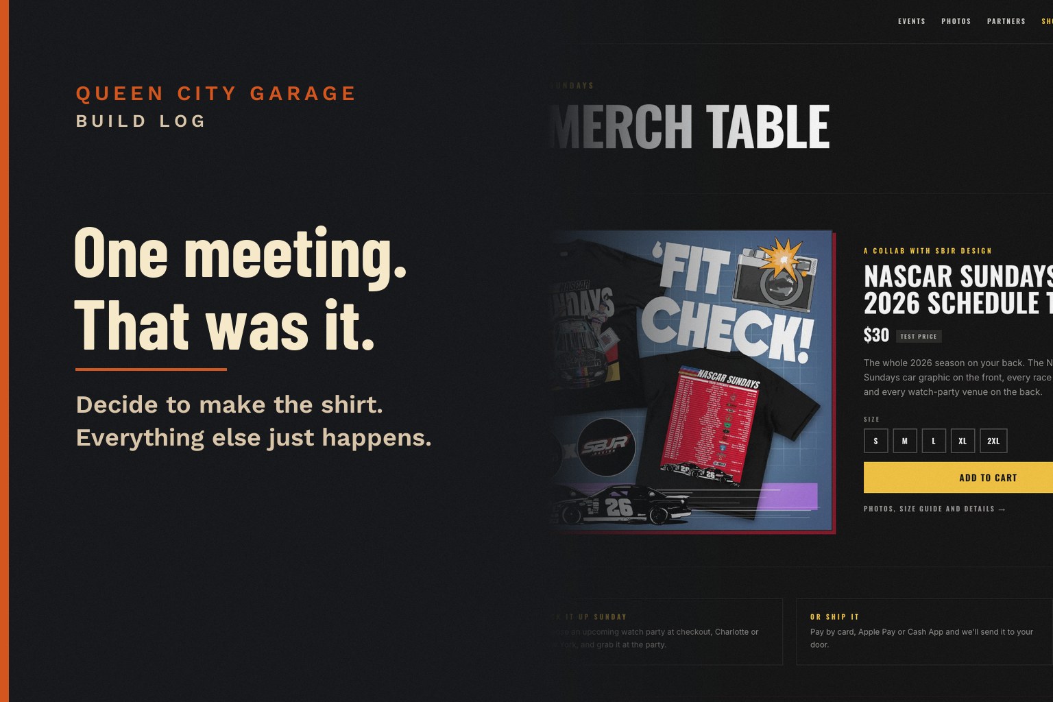 Card: One meeting. That was it. Over the NASCAR Sundays merch shop page.
