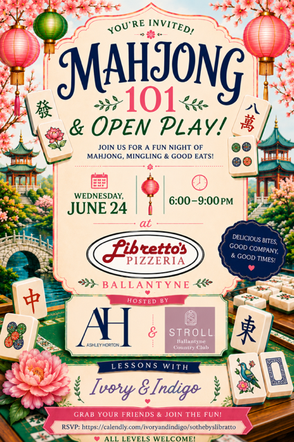 Mahjong 101 and Open Play night flyer for Wednesday June 24 at Libretto's Pizzeria, Ballantyne.