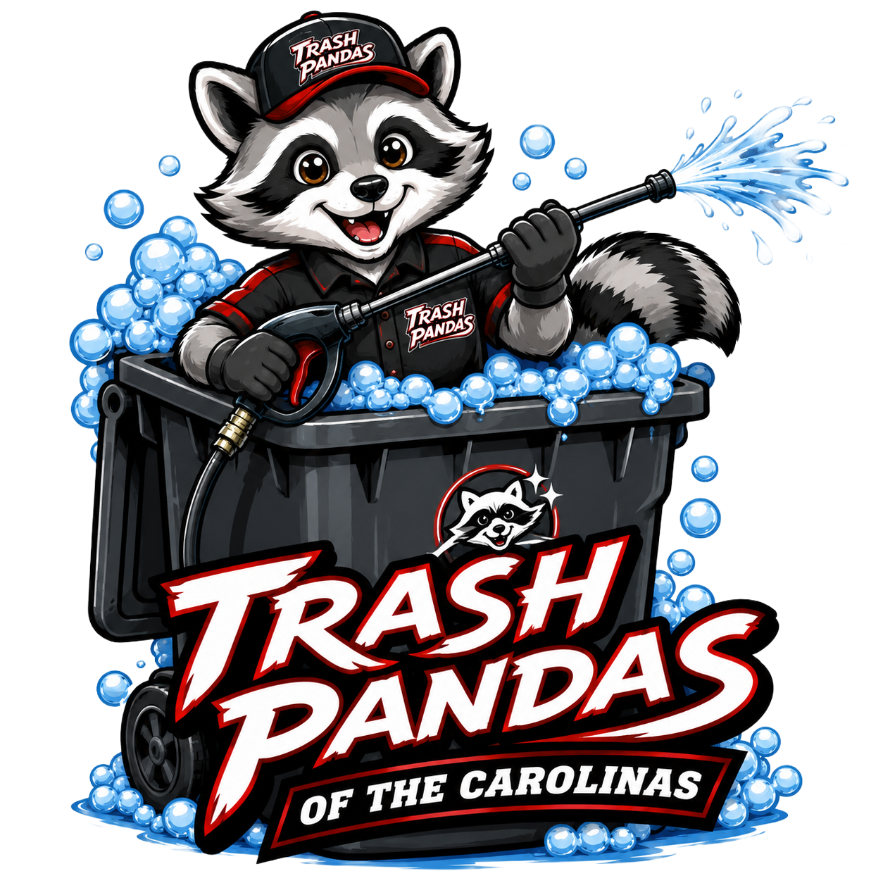 Trash Pandas of the Carolinas logo, a raccoon with a pressure washer in a trash can