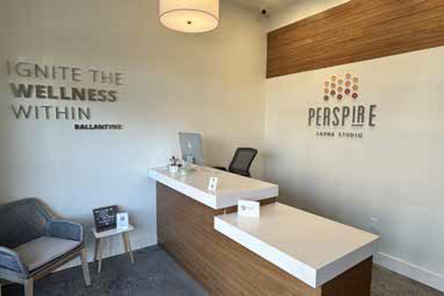 The reception area at Perspire Sauna Studio, Ballantyne Village